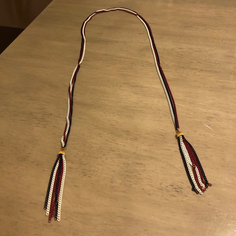 Multicolor Red White and Blue Chain Sweater Scarf Style Tassel Necklace